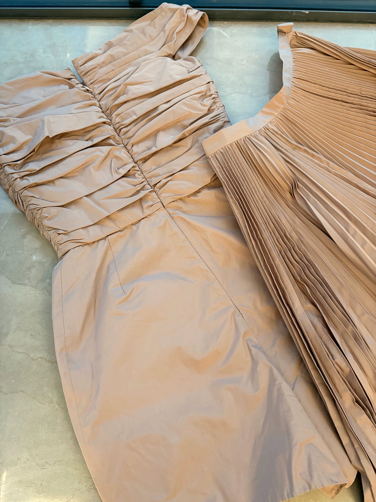 Dior nude strapless jumpsuit and  pleated skirt and silk midi skirt