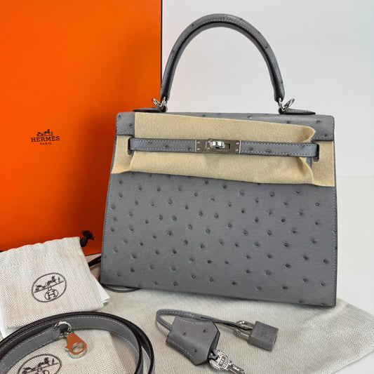 Hermes Kelly 25 Gris Mouette Ostrich Palladium hardware