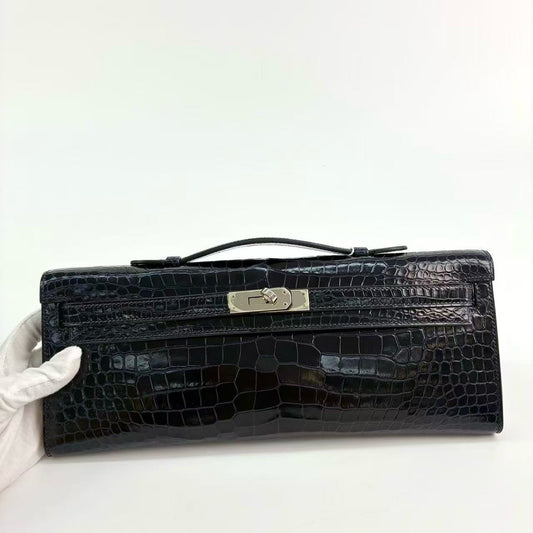 Hermes Kelly cut  Bleu Marine Shiny Porosus palladium hardware