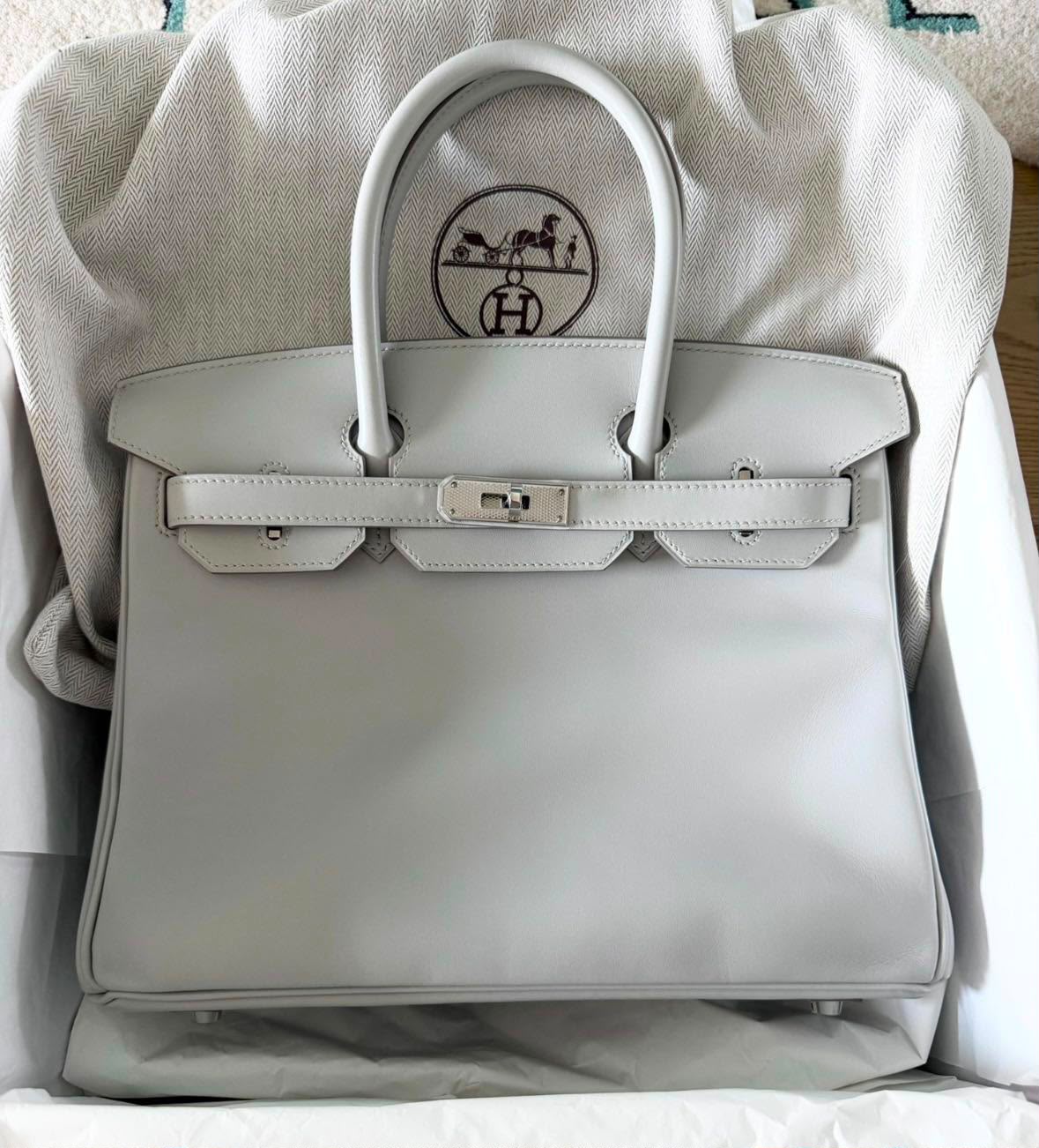 Hermes Birkin 30 Gris Perle Tadelakt Guilloché hardware