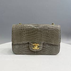 Chanel 25 mini CF in Gris T shiny croc gold hardware