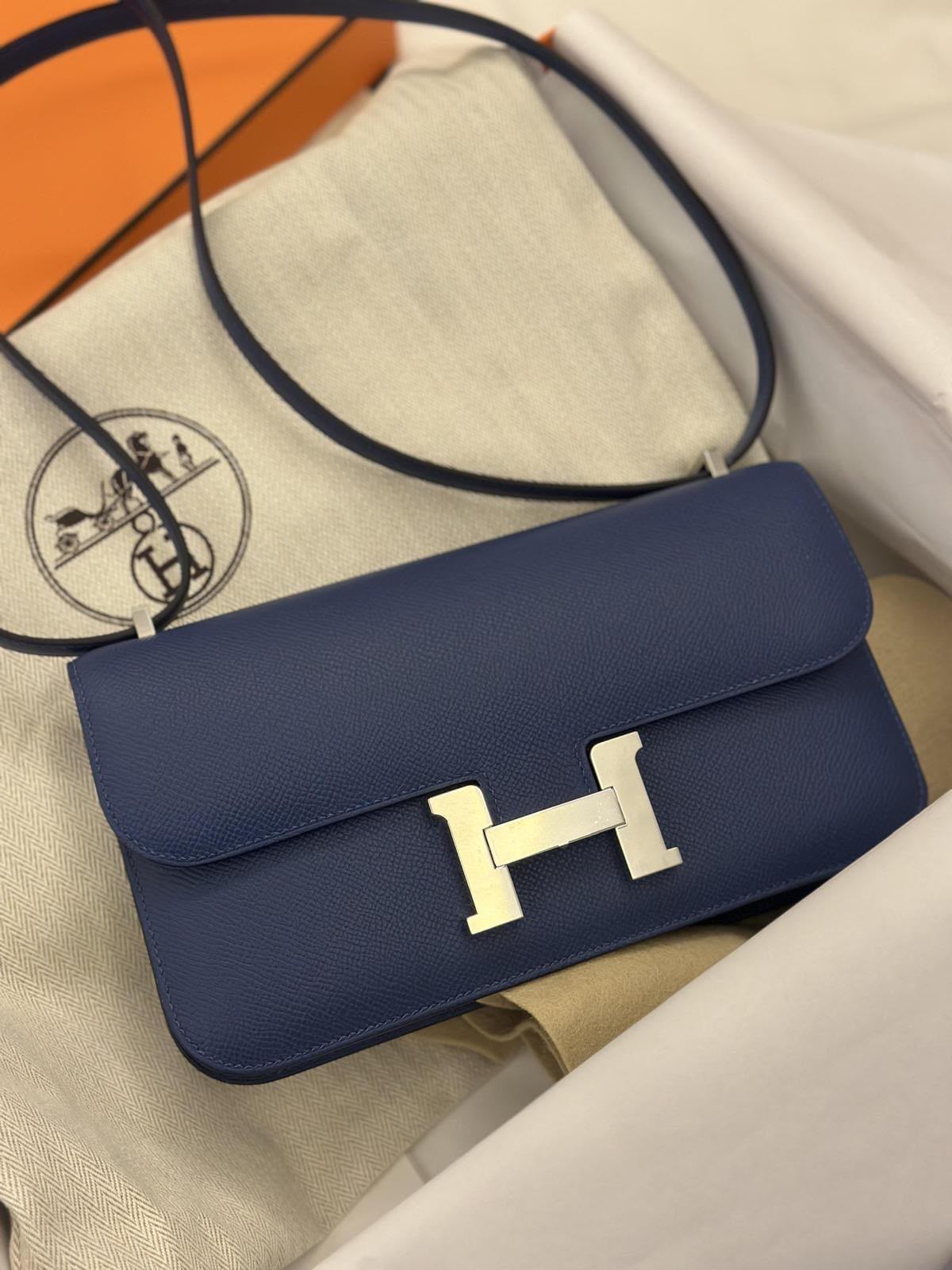 Hermes Constance Elan Blue Tie Epsom Palladium hardware