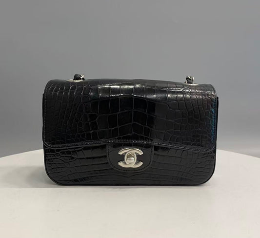 CHANEL 25 Mini Cf Black Shiny Alligator Silver Hardware