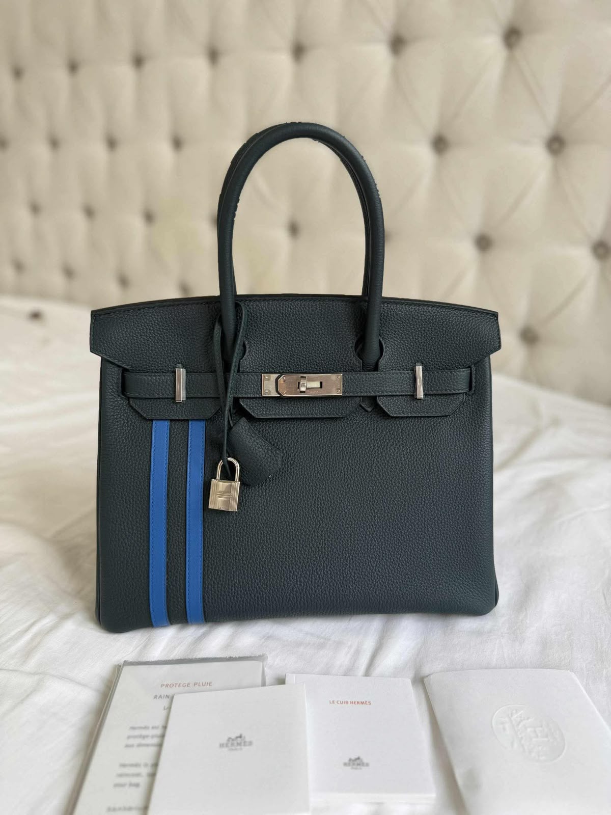 Hermes Birkin 30 Officier Vert Cypress Togo & Bleu Zellige Swift Palladium hardware