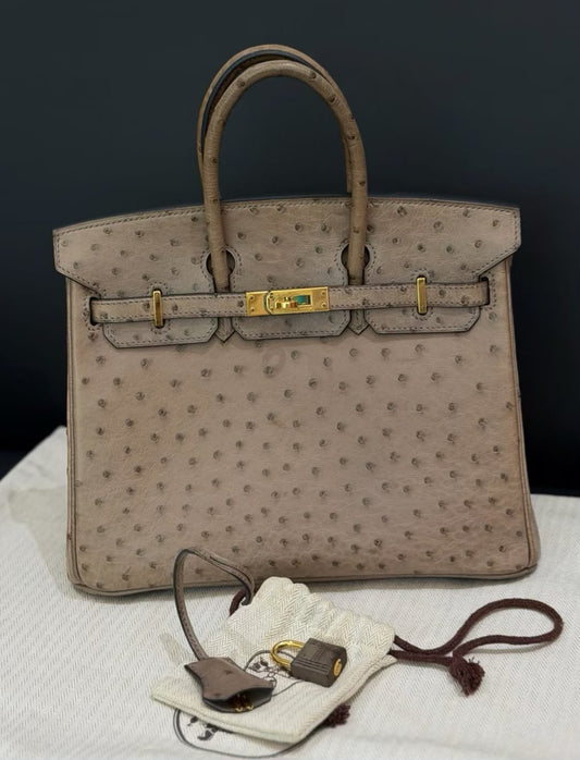 Hermes Birkin 25 Gris Mouette Ostrich Gold hardware