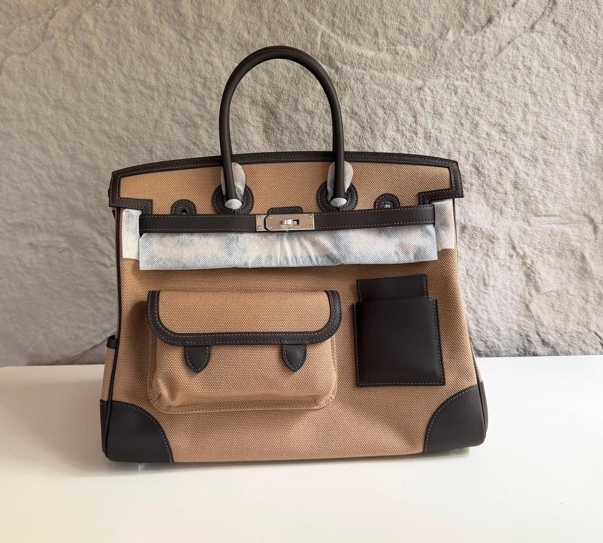 Hermes Birkin 35 Cargo Mousse Toile & Bai Brun Swift Palladium hardware