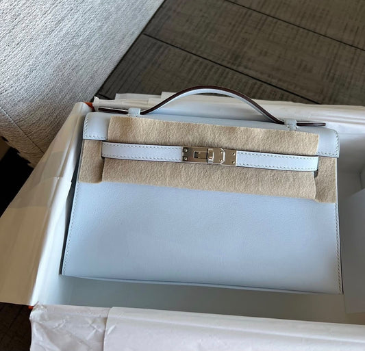 Hermès Kelly Pochette Bleu Brume Swift Palladium Hardware