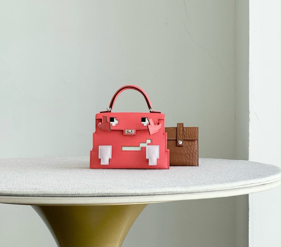 Hermes Mini Kelly 20 Picto Rose Texas Epsom & Gold Matte Alligator Palladium hardware