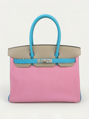 Hermes Birkin 30 Bubblegum / Gris Tourterelle / Bleu Azteque Chevre Brushed palladium hardware