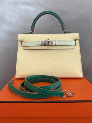 Hermes Mini Kelly 20 Tricolor Jaune Milton/Vert Fizz/Vert Foncé Epsom Palladium hardware
