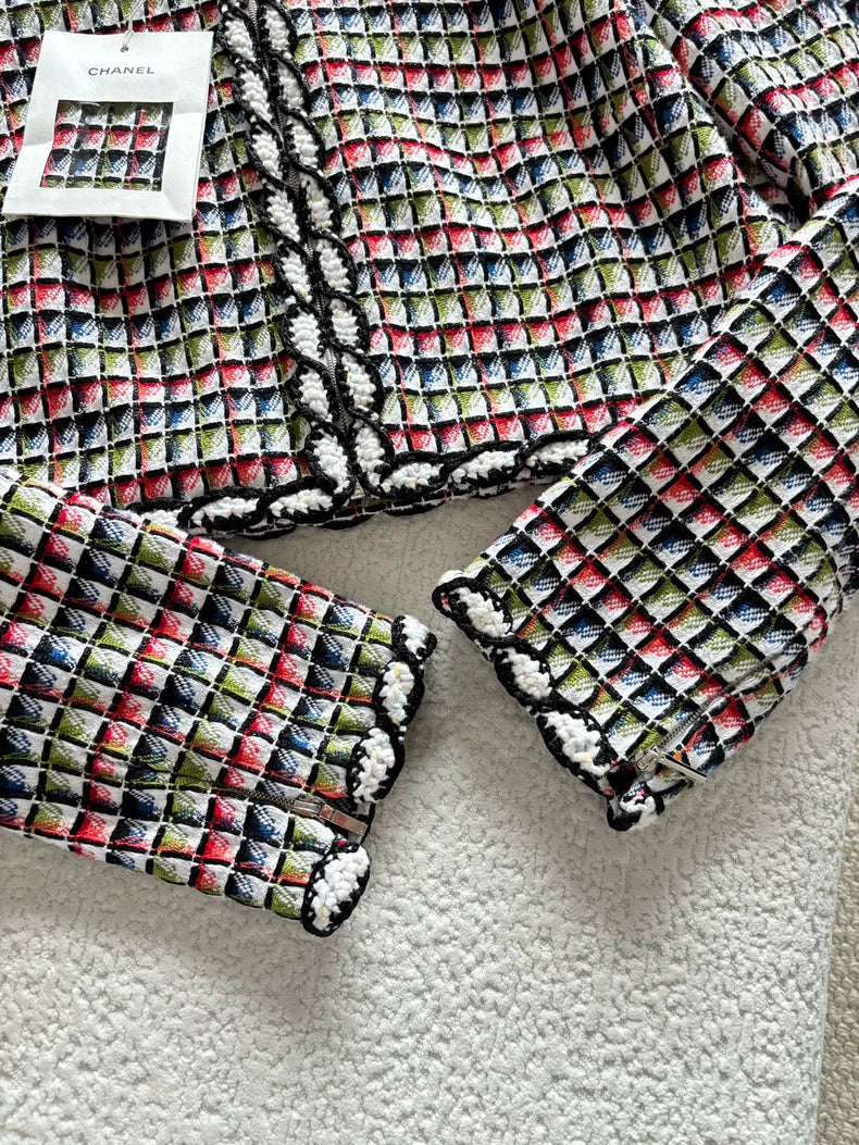 Chanel 25C Colorful Mosaic Check Woven Zip-Up Jacket