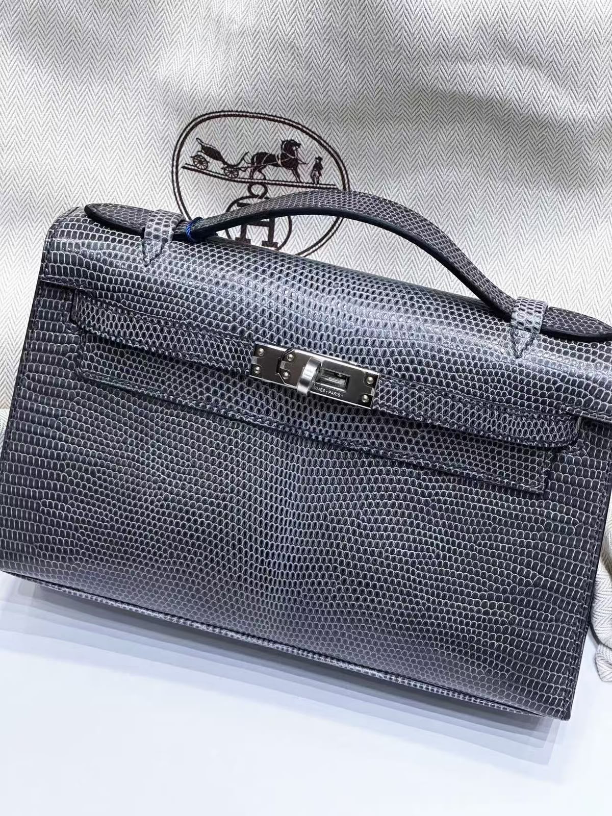 Hermes Kelly pochette Ardoise Lizard Palladium hardware