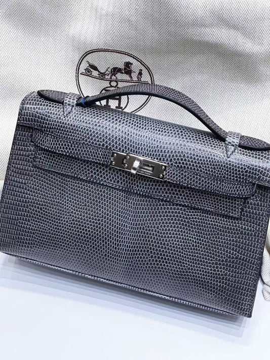 Hermes Kelly pochette Ardoise Lizard Palladium hardware