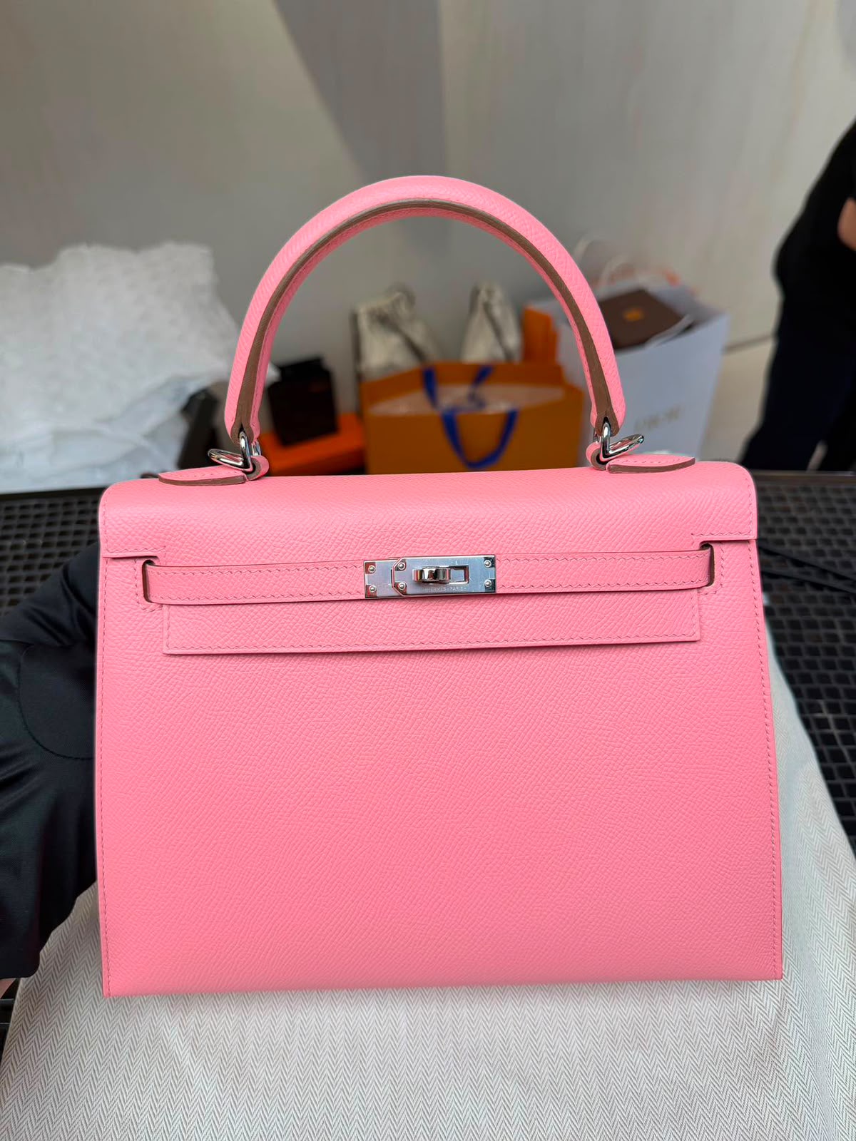 Hermes Kelly 25 Sellier Rose Confetti Epsom Palladium hardware
