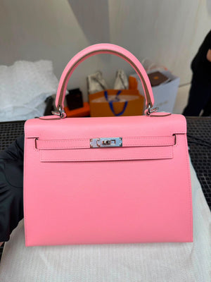 Hermes Kelly 25 Sellier Rose Confetti Epsom Palladium hardware