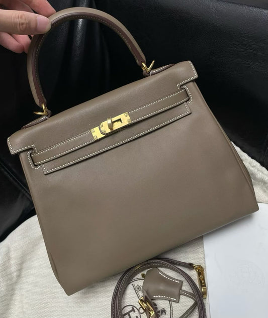 Hermes Kelly 25 Etoupe Swift Gold hardware