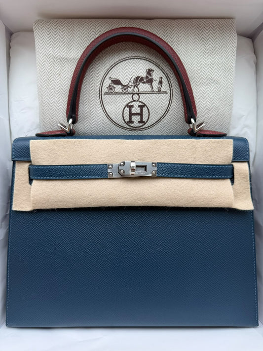 Hermès Kelly 25 Tricolor Bleu De Prusse / Rouge H / Gris Pantin Epsom Palladium Hardware