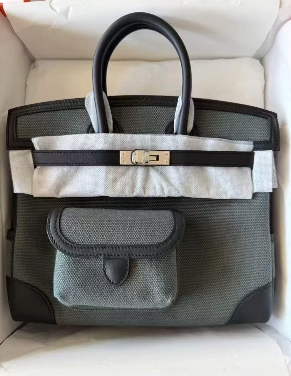 Hermes Birkin 25 Cargo Vert Mangrove Swift / Toile Palladium hardware