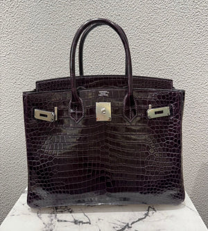 Hermes Birkin 30 aubergine shiny Porosus palladium hardware
