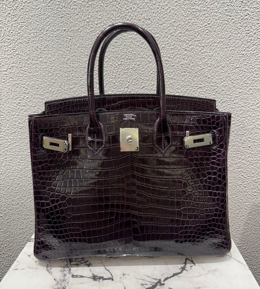 Hermes Birkin 30 aubergine shiny Porosus palladium hardware