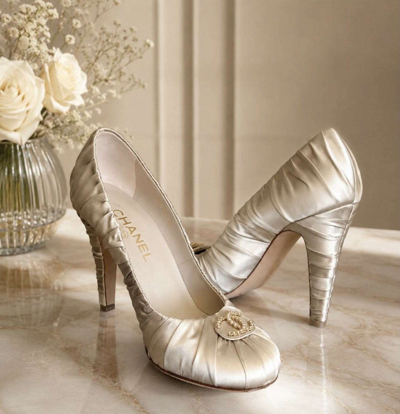 Chanel 17A Pearl Champaign Beige Rutched Satin Silk CC Pump Heels EU 37
