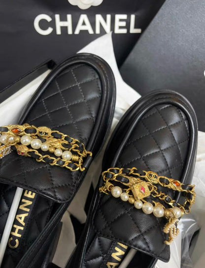 Chanel 22P Pearl Chain Badge Pendant Loafers