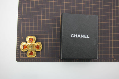 Chanel Vintage 96A Gripoix Orange Clover CC Brooch