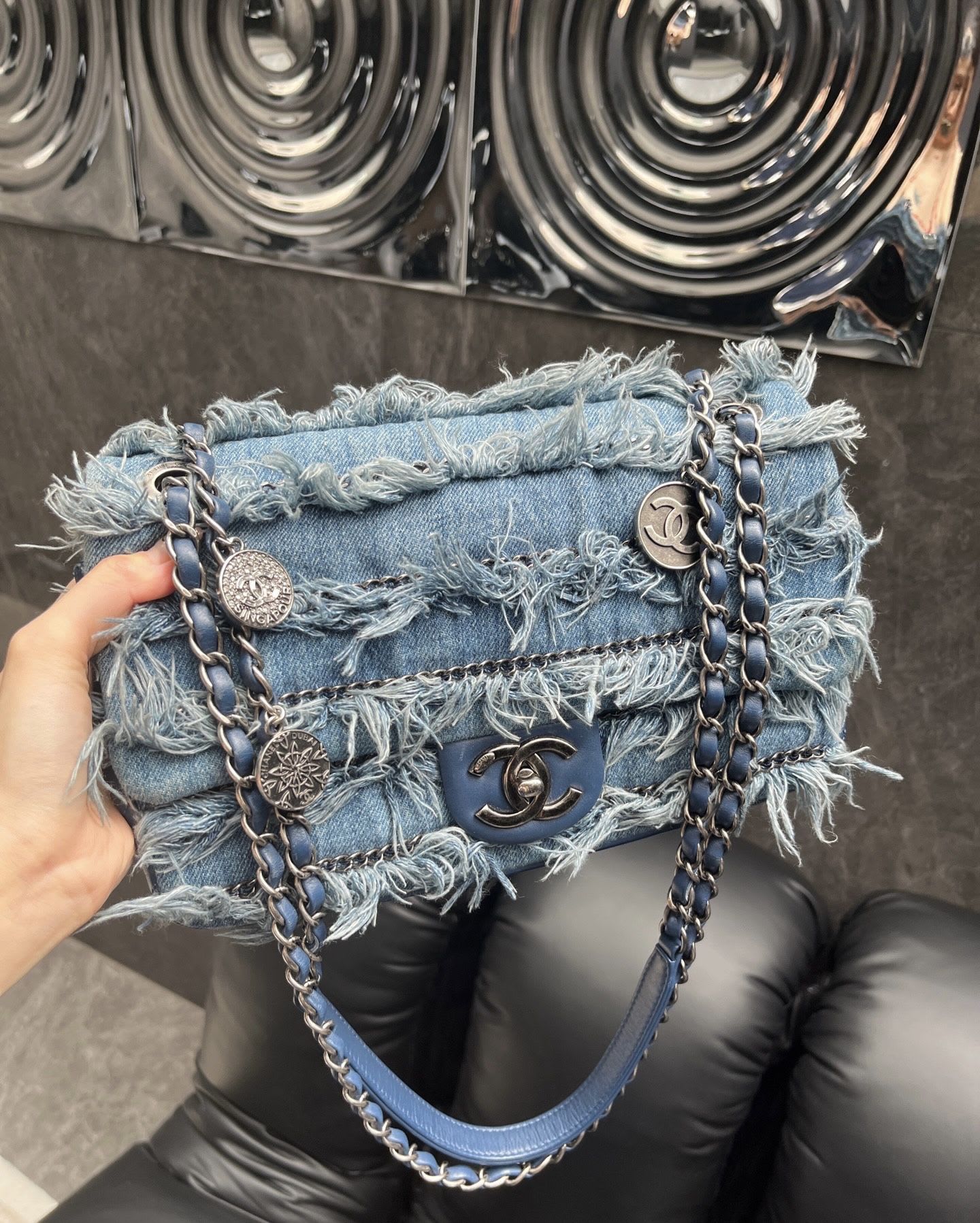 Chanel coin badge tassel denim