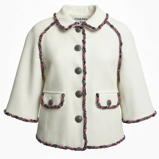 Rare Chanel 15C Dubai Swarovski Crystals White Multicolor Braided Trim Short Jacket FR 38