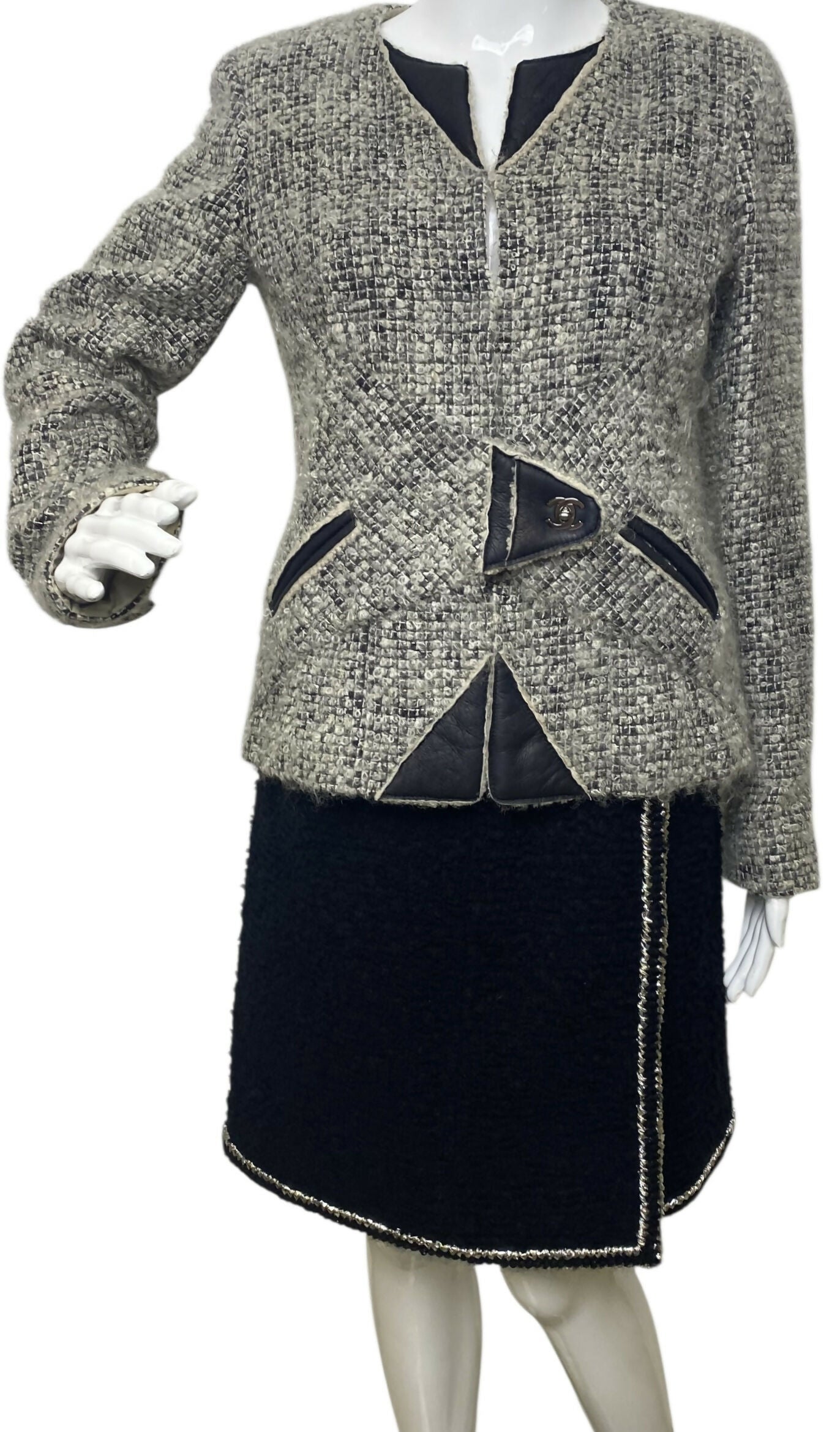 Chanel 10A Shanghai Shearling Tweed CC Grey Black Leather Trim Jacket Coat FR 36