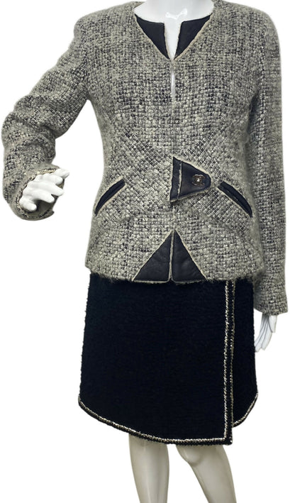 Chanel 10A Shanghai Shearling Tweed CC Grey Black Leather Trim Jacket Coat FR 36