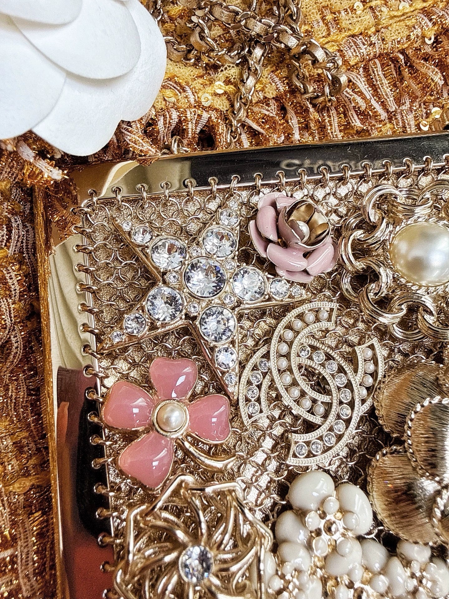 Chanel 22A pearl enamel charms gold chain clutch bag minaudiere