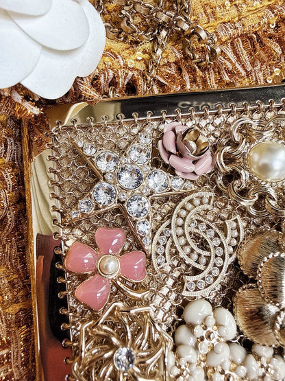 Chanel 22A pearl enamel charms gold chain clutch bag minaudiere