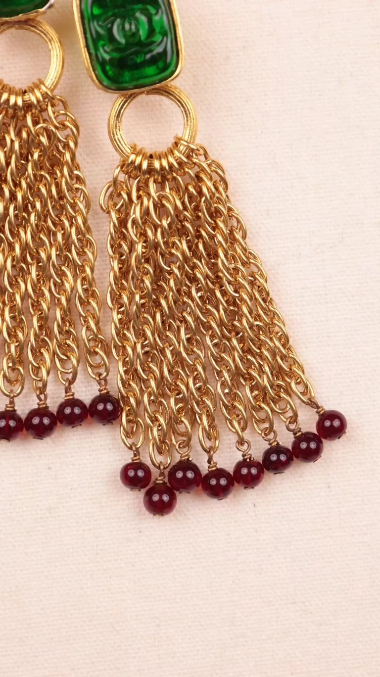Chanel 1993 Green Glass Tassel Earrings