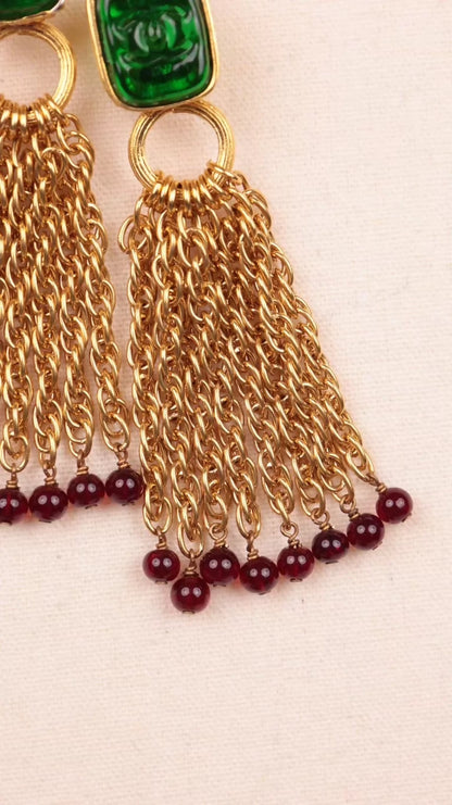 Chanel 1993 Green Glass Tassel Earrings