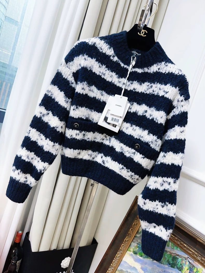 Chanel 21B blue and white knit striped sweater