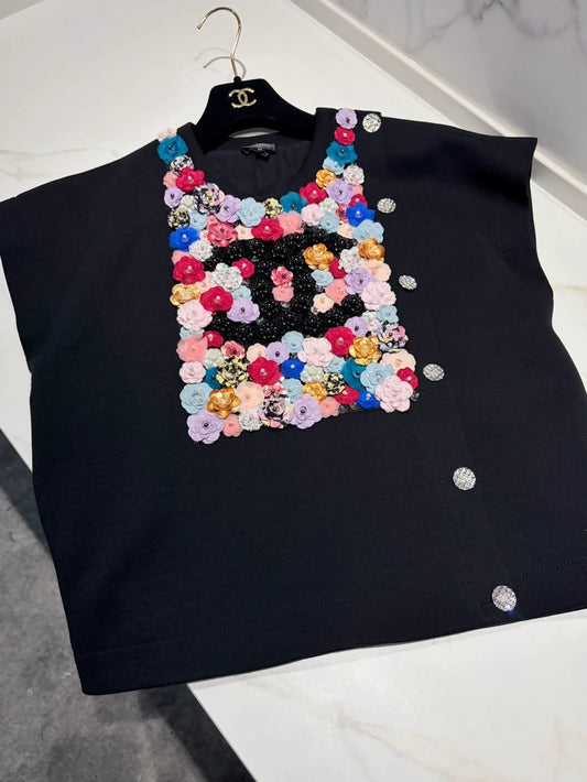 Chanel 22A black multicolour sequin  Floral top