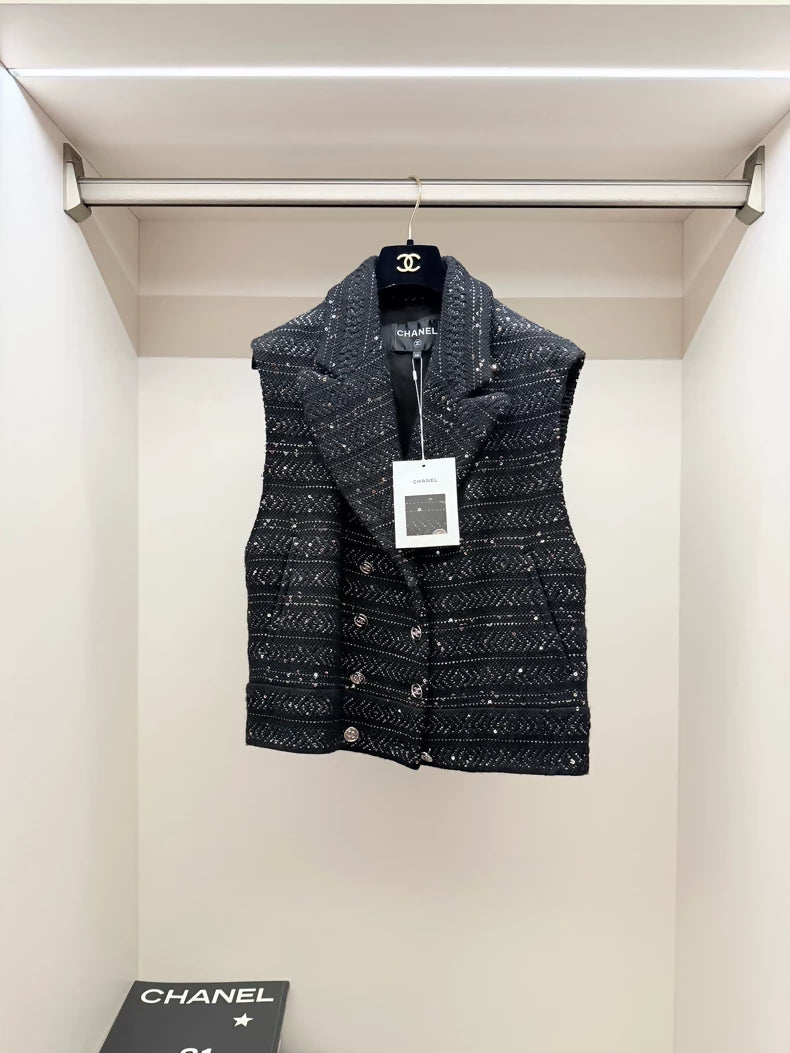 Chanel 23A Sequined Black Tweed Vest