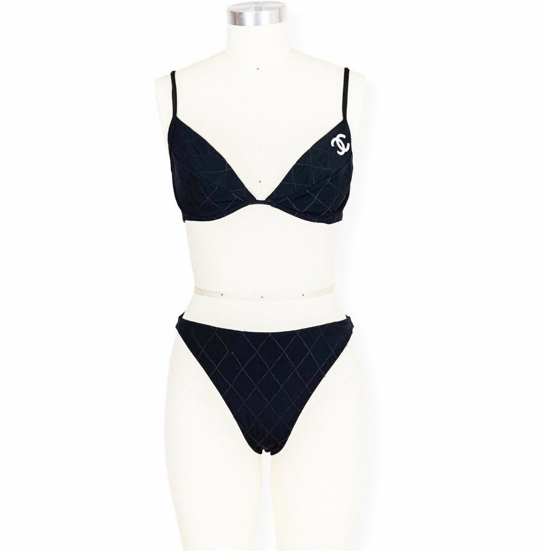 Chanel 1994 Cruise Vintage Black Logo Quilted Bikini