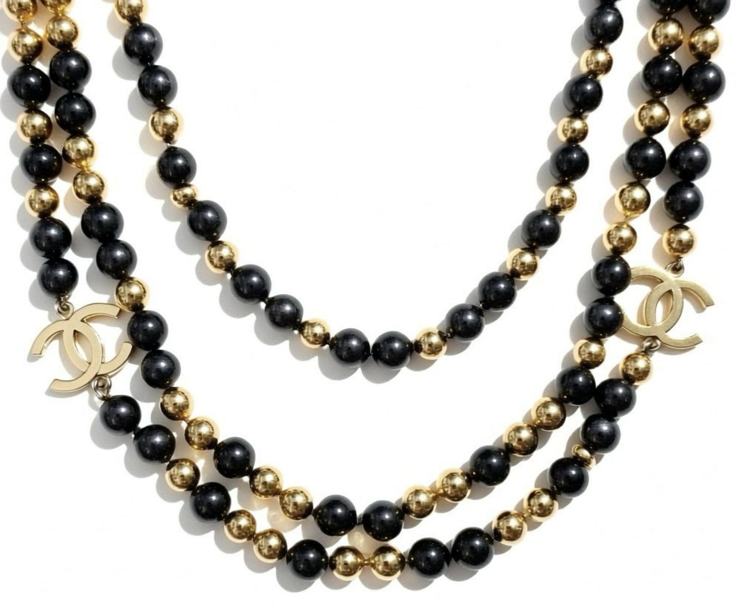 Chanel 16S Airlines 3 Strand 4 CC Extra Long Black Gold Mirror Statement Necklace