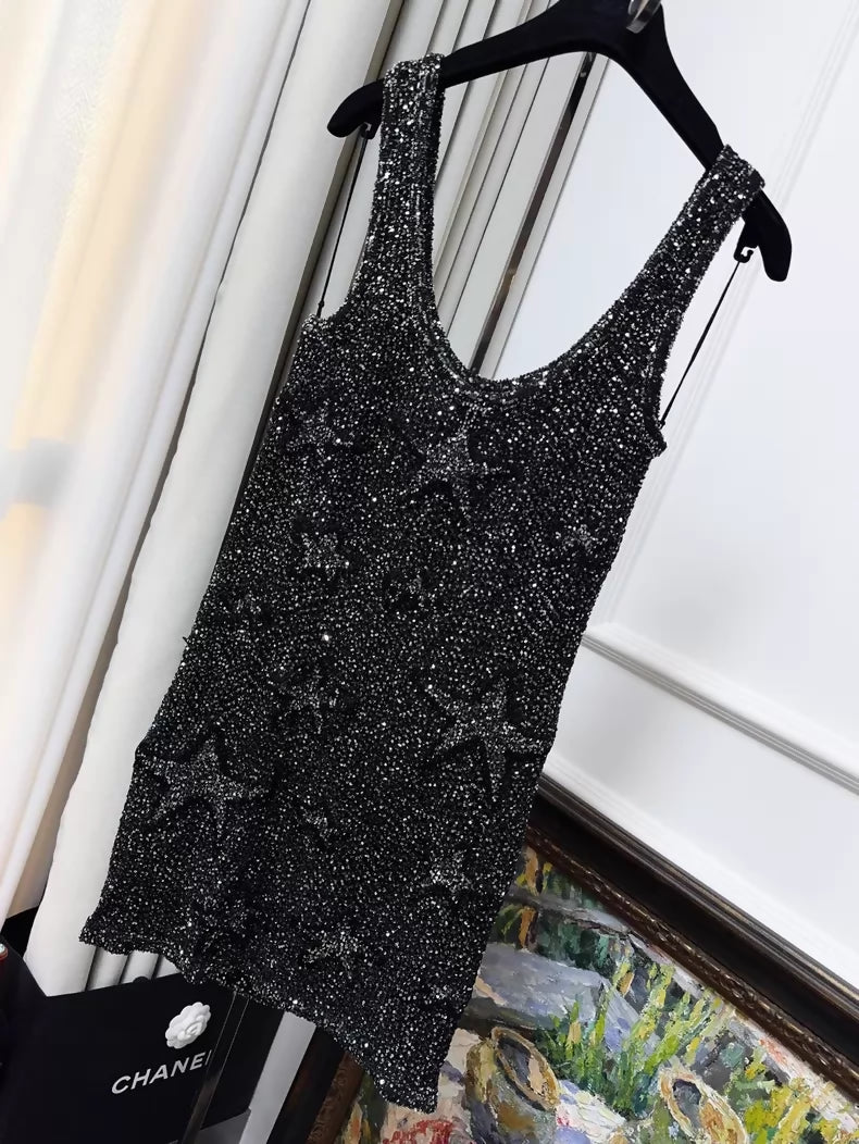 Chanel 24C Black and Silver Glittering Star Sequin Dress