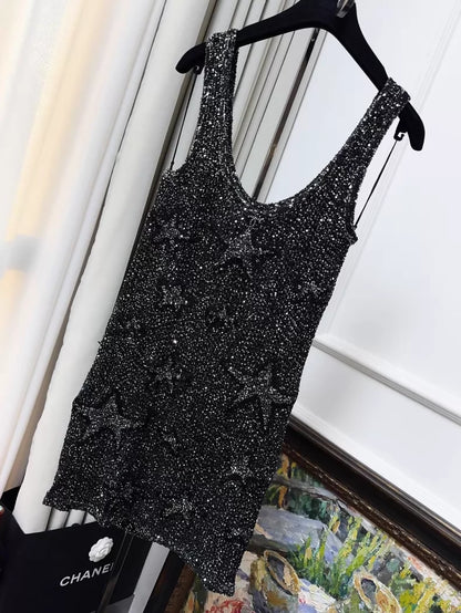 Chanel 24C Black and Silver Glittering Star Sequin Dress