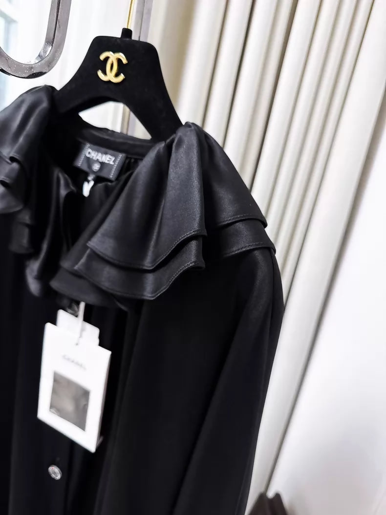 Chanel 23c black ruffled satin silk shirt