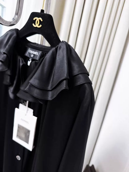 Chanel 23c black ruffled satin silk shirt