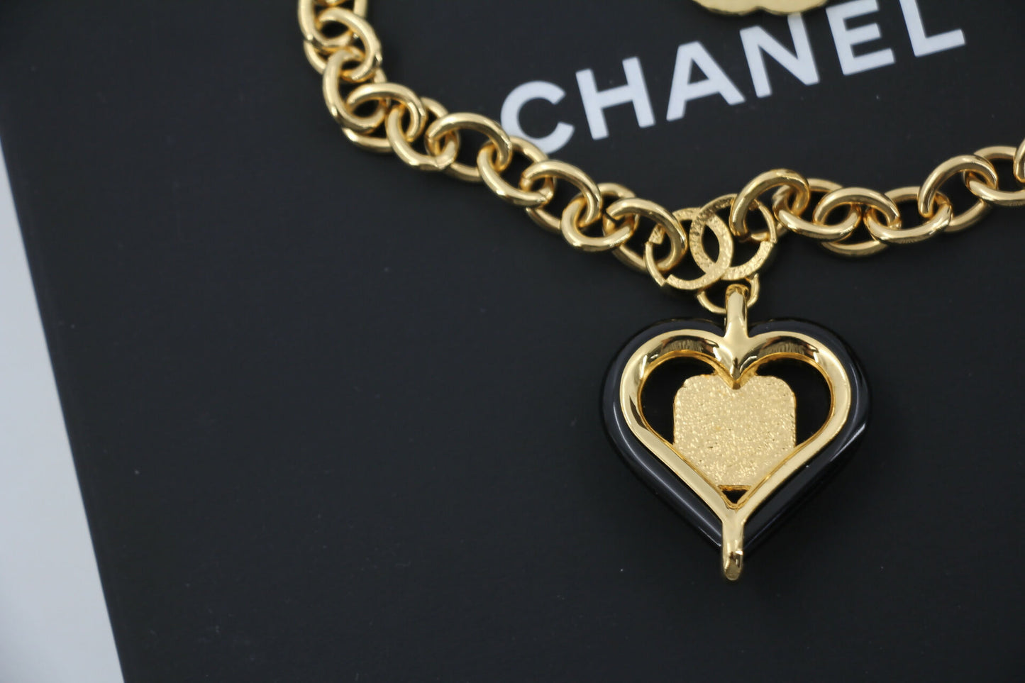 Chanel B23C Metal Black and Pink Heart-Shaped Pendant Gold Chain Necklace