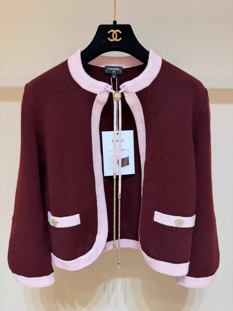 Chanel 25A burgundy cashmere knit cardigan