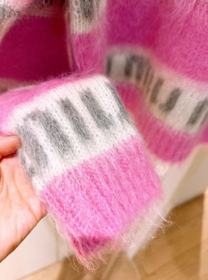 Miu Miu Pink and White Logo Mohair Sweater