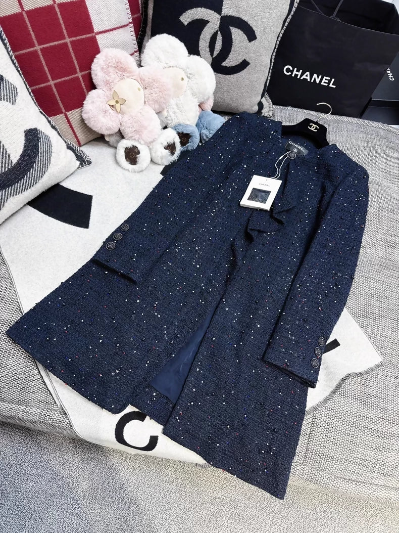 Chanel 20C Embroidered Ruffled Navy Blue Coat