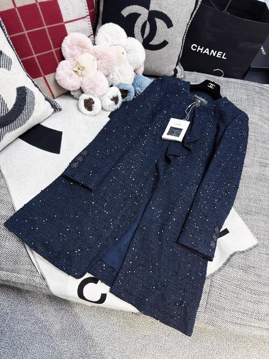 Chanel 20C Embroidered Ruffled Navy Blue Coat