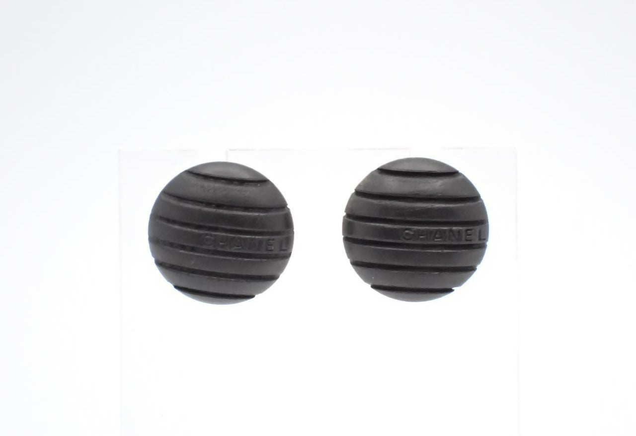 Chanel Vintage 99A Wooden Black Stripe Round Stud Earrings